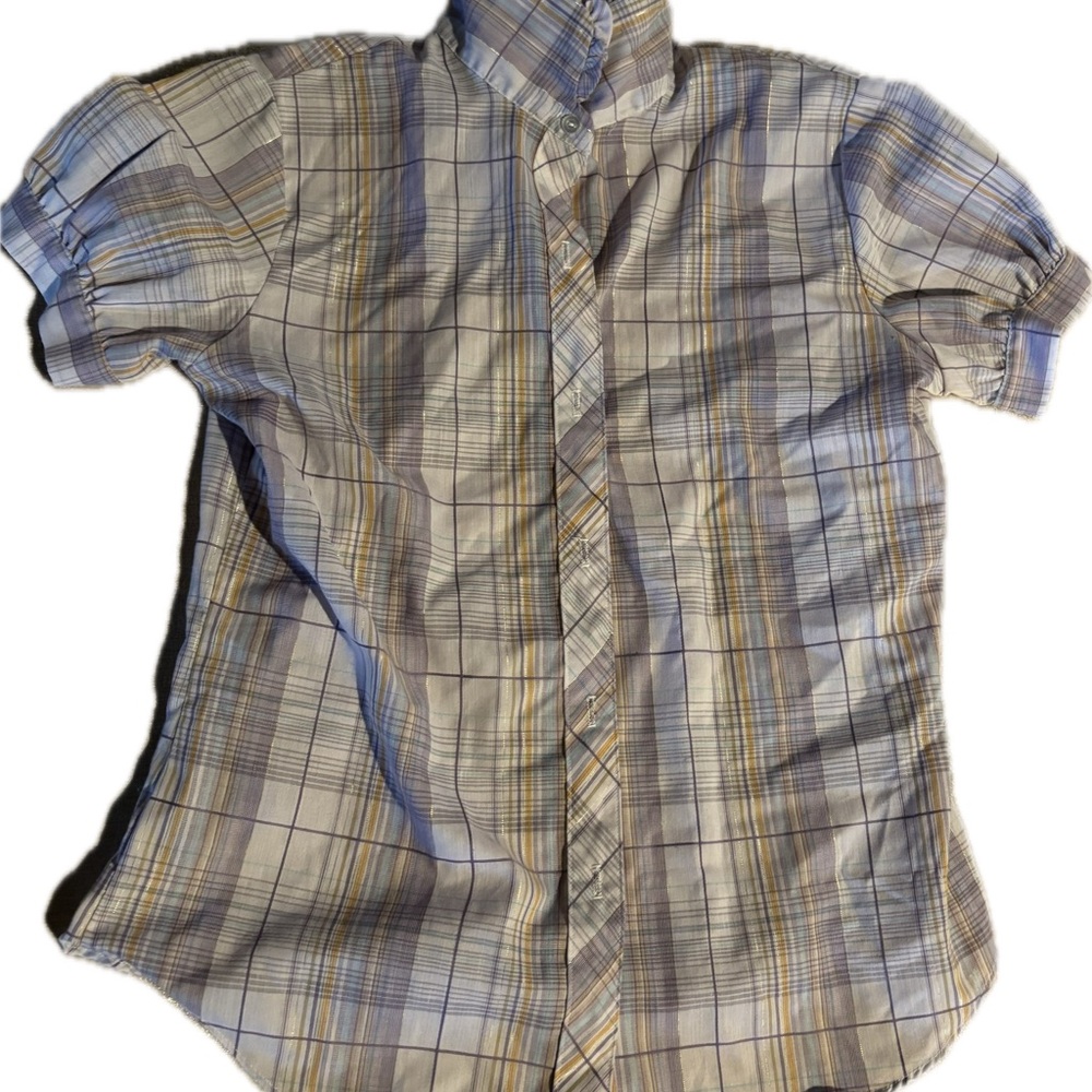 Western lavender Plaid Button-Up Shirt with ruffled collar